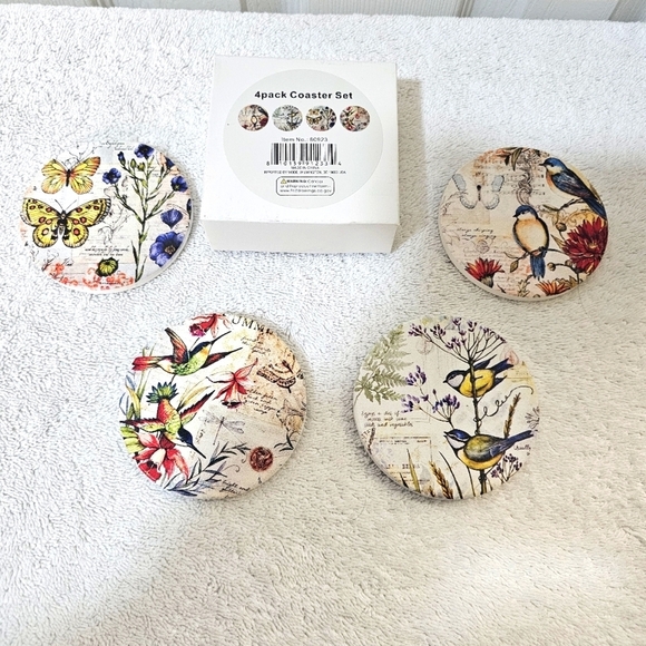 Other - NWT 4 Pack Floral and Bird Coaster Set w beautiful Sayings & cork backings